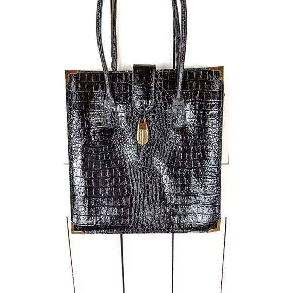 Vintage black embossed leather computer laptop tote bag purse - Picture 2 of 6